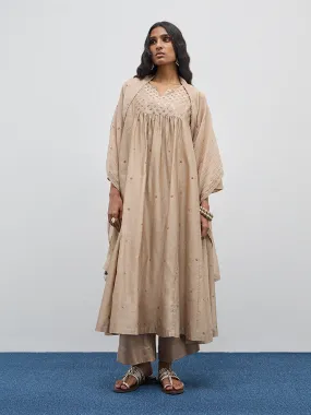 Zuba Beige Floral Embellished Cotton Blend Kurta with Inner