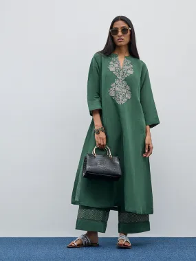 Zuba Green Zari Embroidered A-Line Kurta