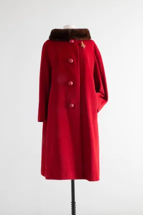 1950's Crimson Cashmere Mink Trimmed Cocoon Coat By Rothmoor / ML