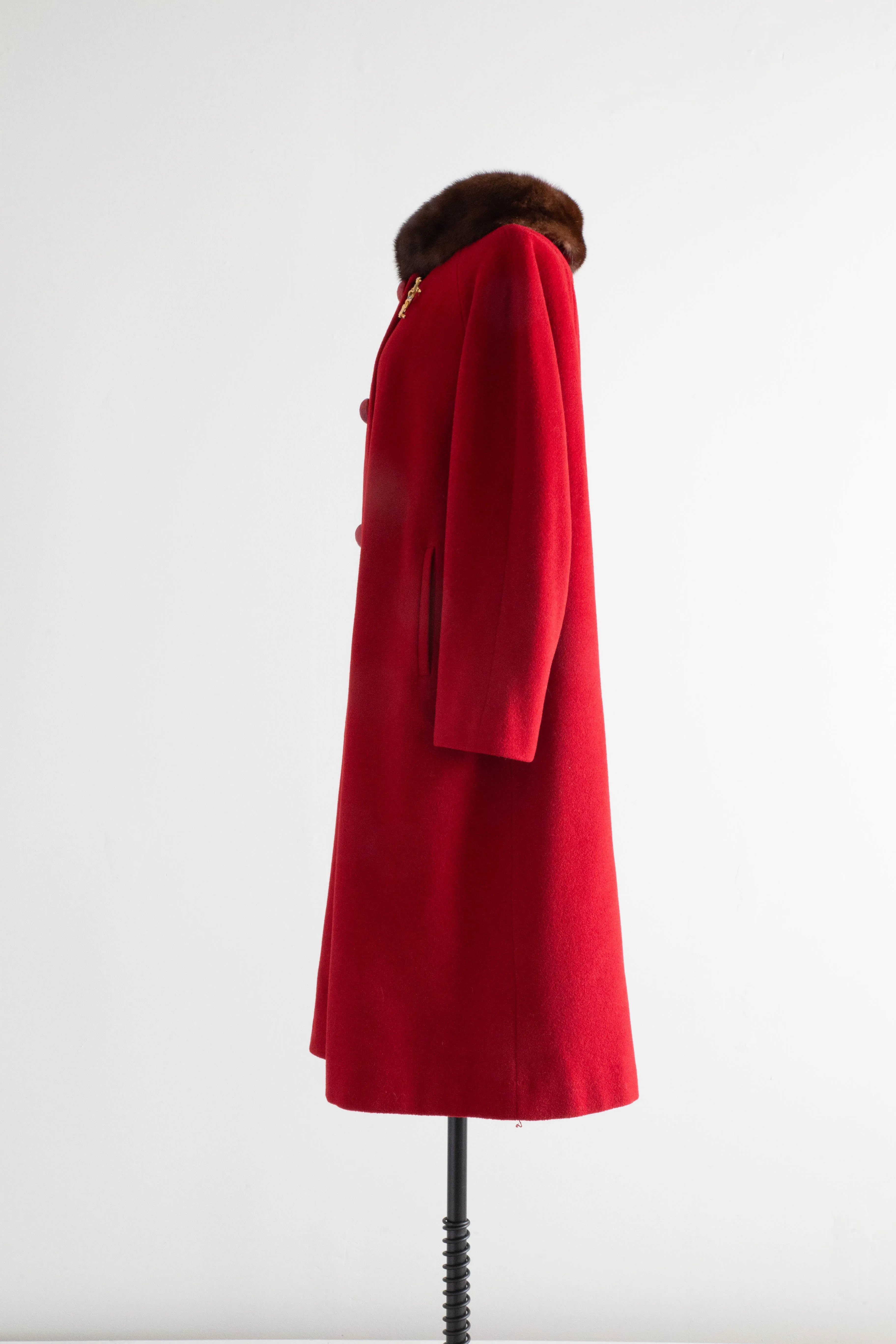 1950's Crimson Cashmere Mink Trimmed Cocoon Coat By Rothmoor / ML