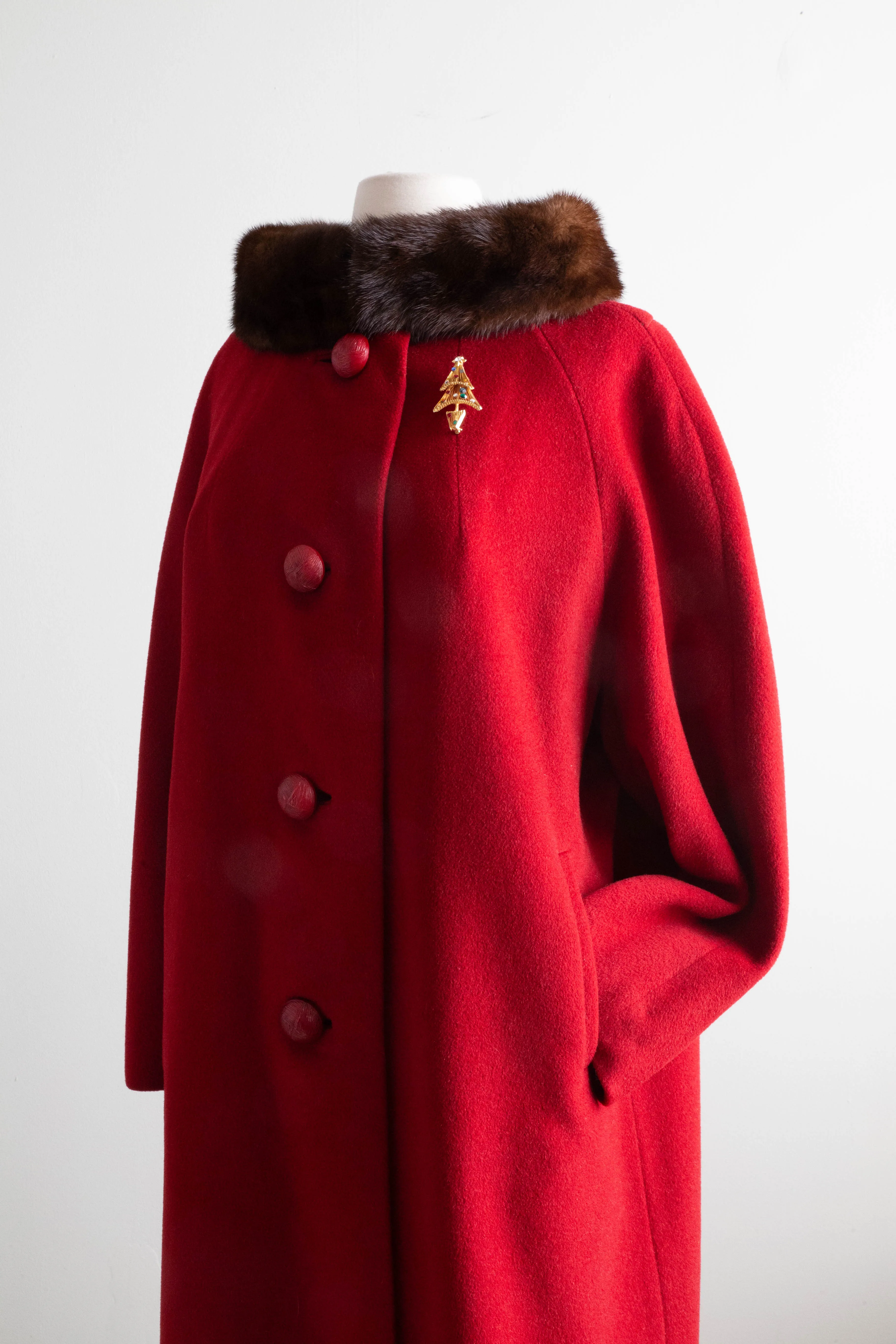 1950's Crimson Cashmere Mink Trimmed Cocoon Coat By Rothmoor / ML