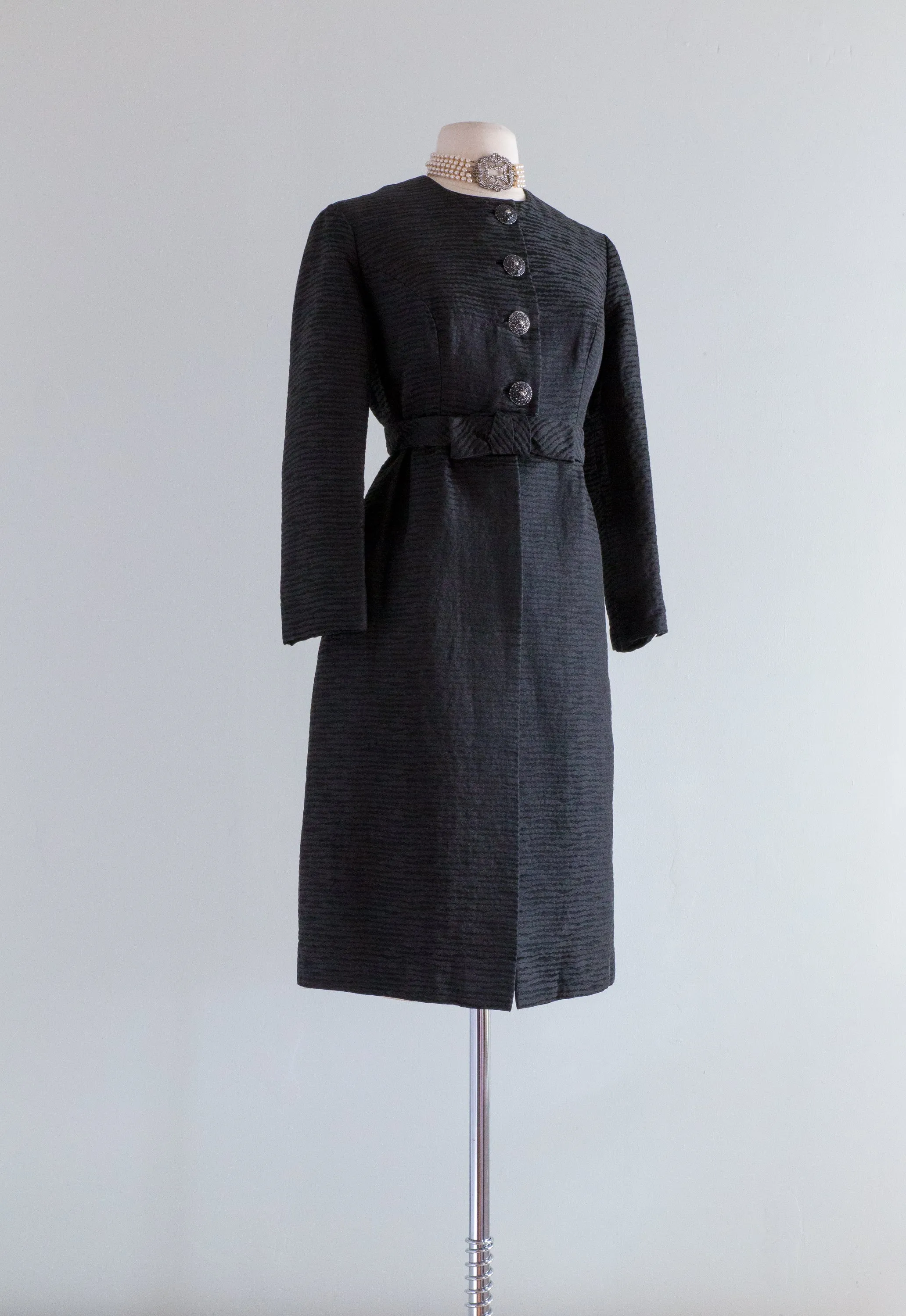 1960's Black Brocade Cocktail Dress & Matching Coat / Waist 28-30