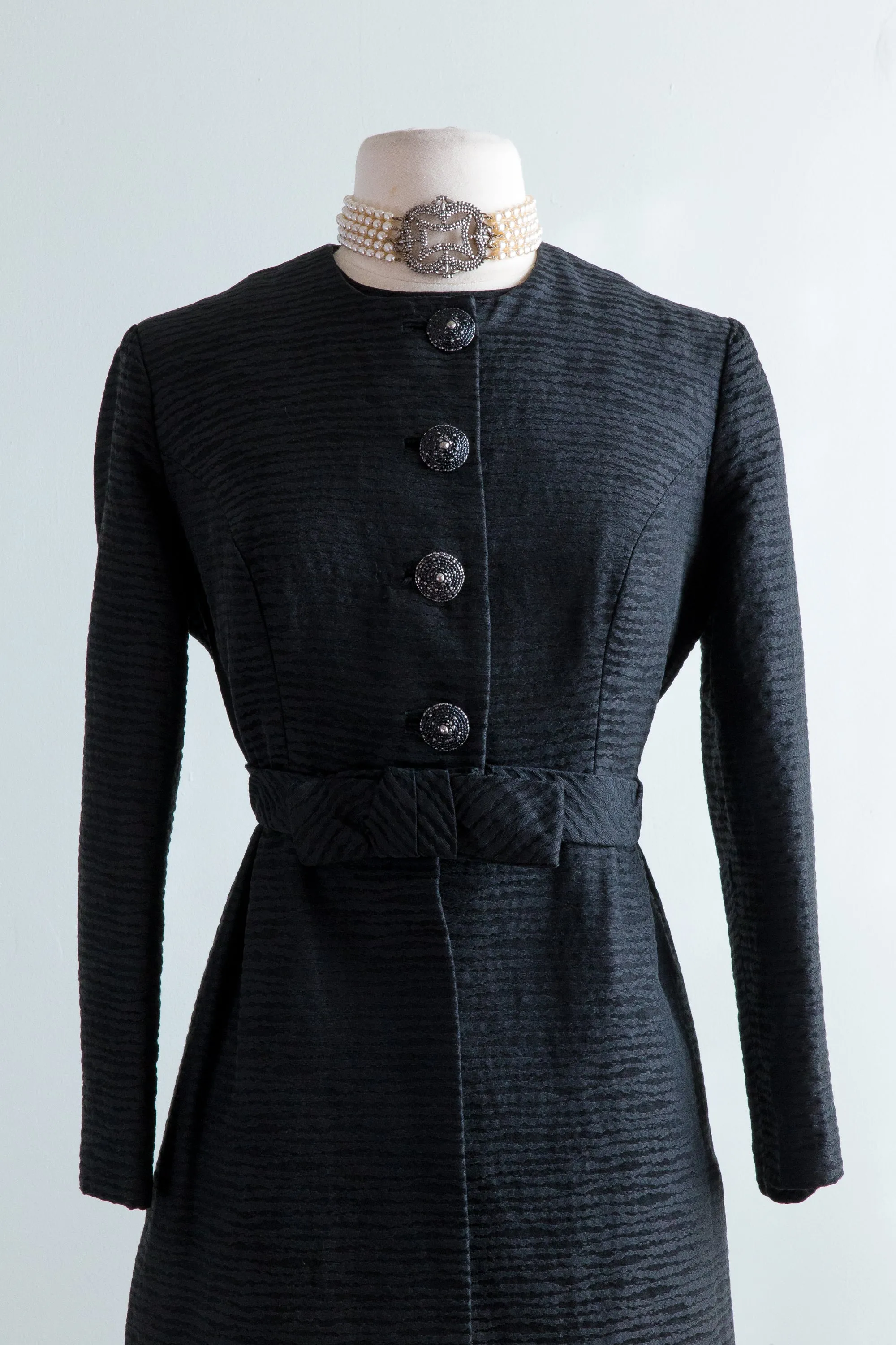 1960's Black Brocade Cocktail Dress & Matching Coat / Waist 28-30