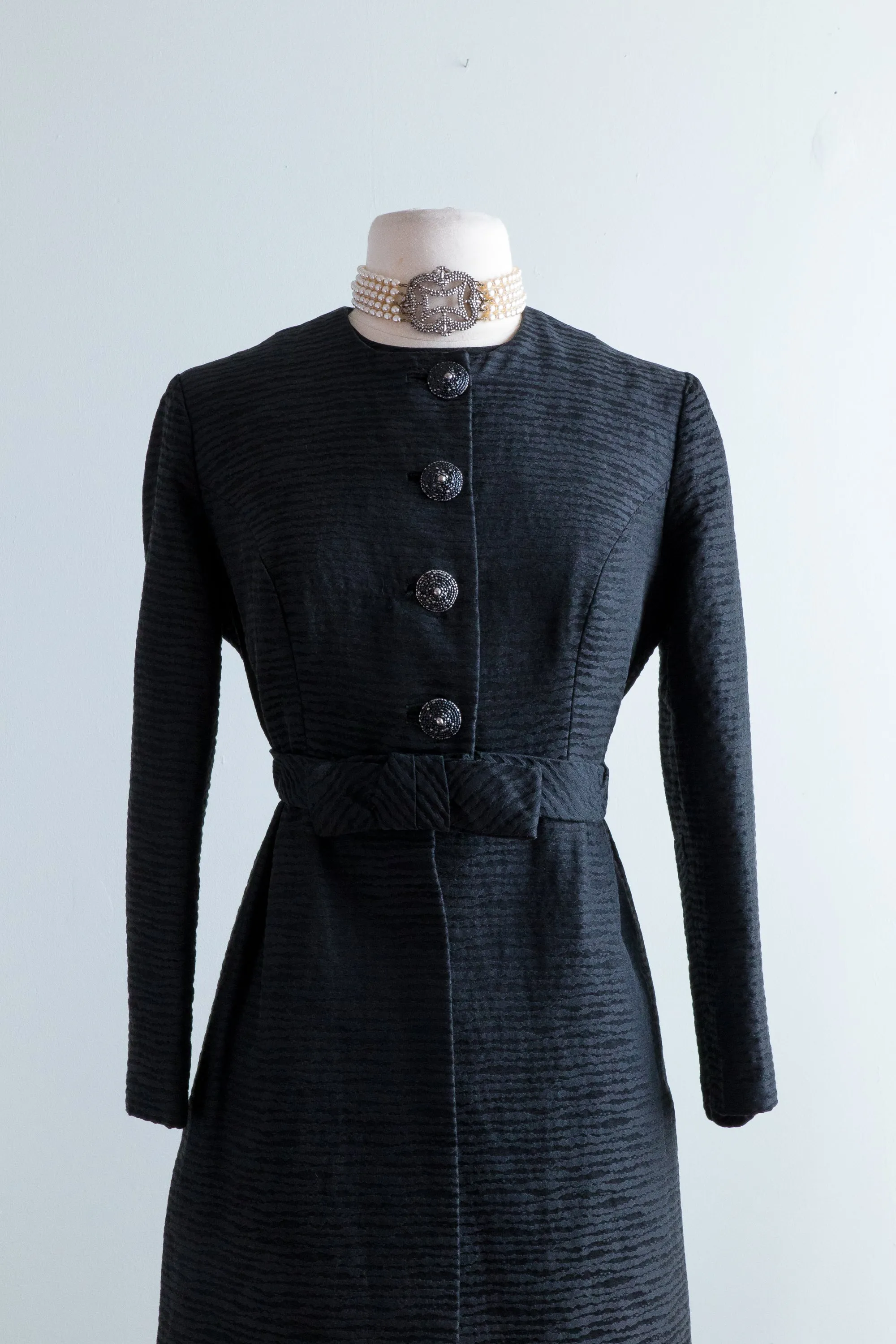 1960's Black Brocade Cocktail Dress & Matching Coat / Waist 28-30