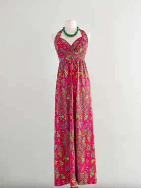 1970's Red Hot Paisley Floral Halter Maxi Dress / Sz S