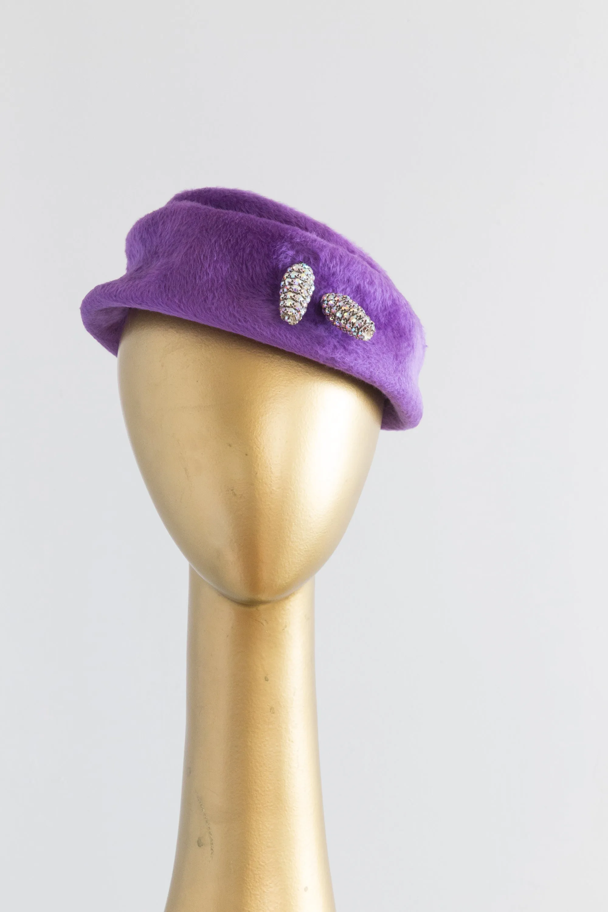 Adorable 1960's Violet Fur Felt Cocktail Hat With Rhinestones