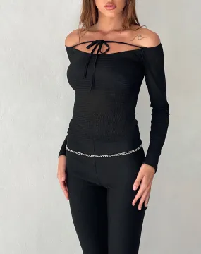 Alondra Long Sleeve Tie Front Top in Textured Black