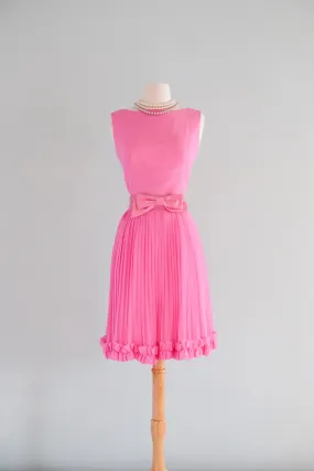 Amazing 1960's Pink Pleated Party Dress With Satin Bow Belt / Sz M