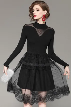 Black Viscose Dress W/ Lace