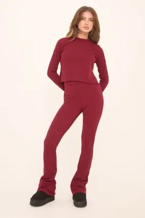 Burgundy Round Neck Oversized Long Sleeves Top & Kick Flare Trousers Co-ord Set - Blanche