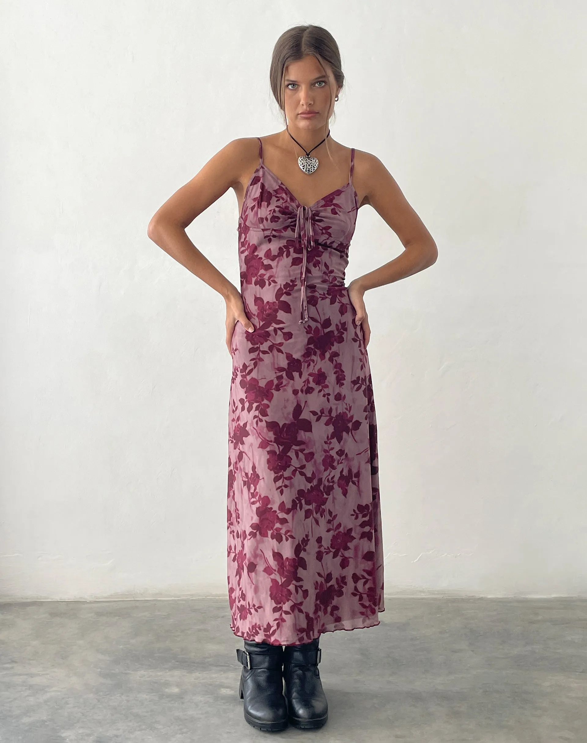 Coya Maxi Dress in Mesh Maroon Blurred Flower