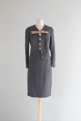 Darling 1960's Ladies Scalloped Grey Wool Suit With Bow / Small