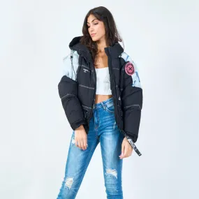 Denim-accent puffer jacket with zip details wholesale