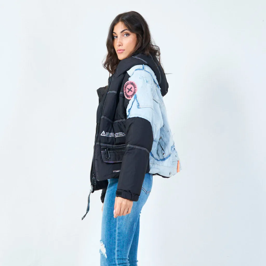 Denim-accent puffer jacket with zip details wholesale