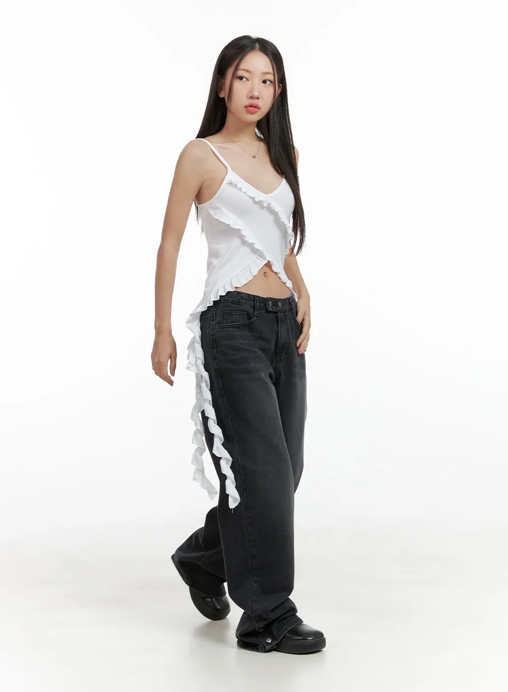 Double-Buttoned Wide Washed Baggy Jeans CL417