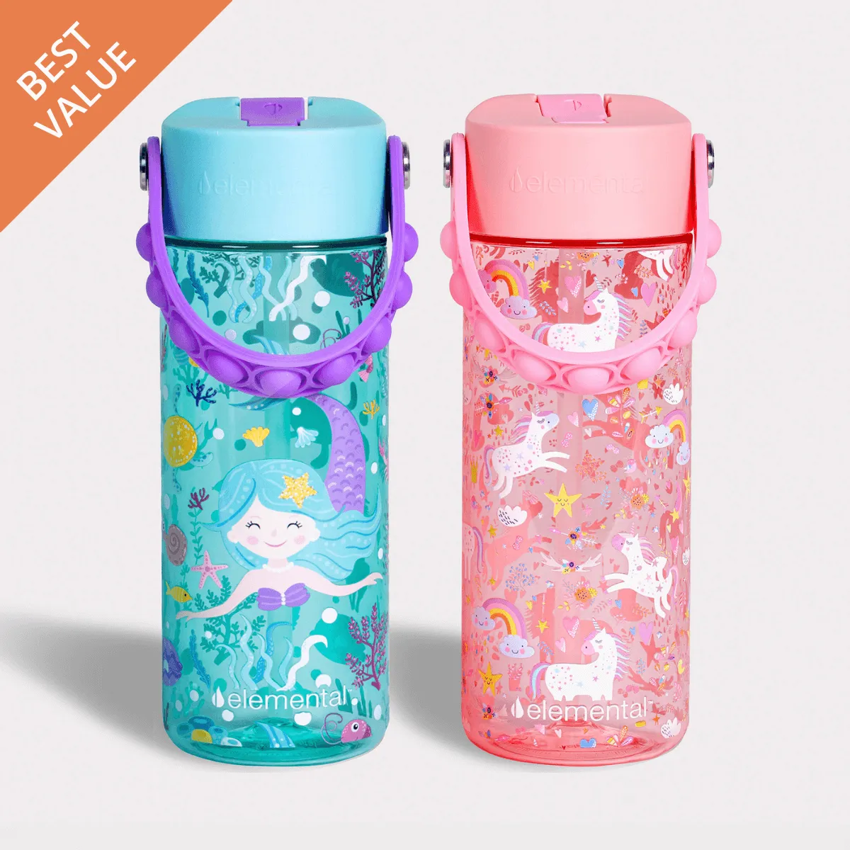 Elemental Splash 18oz Pop Bottle 2 Pack -  Mermaid and Pink Unicorn