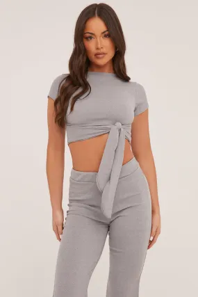 Grey Tie Front Cropped Top & Trousers Co-ord Set - Penney