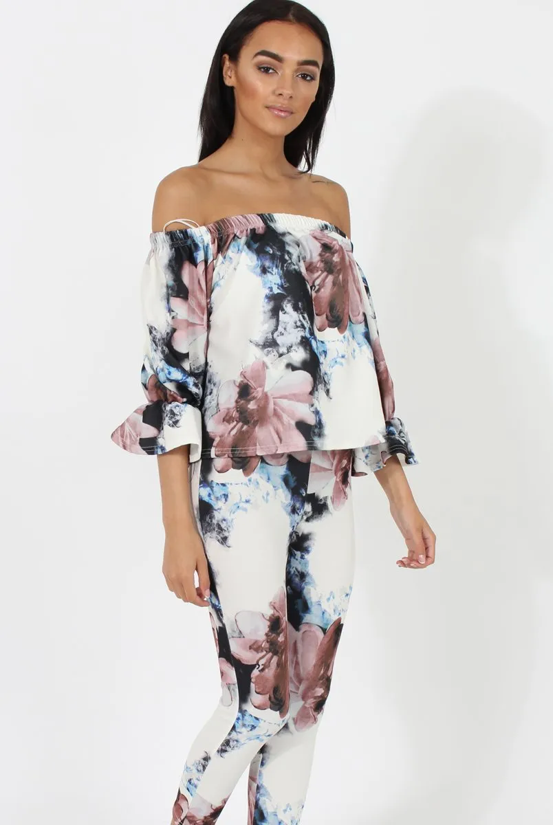 Navy & Blush Floral off The Shoulder Co-ord- Lydia