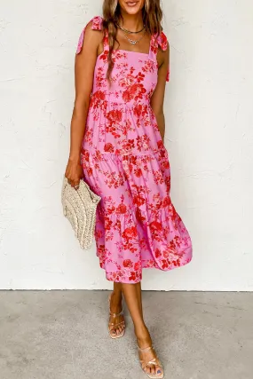 Pink Tie Shoulder Straps Tiered Floral Dress