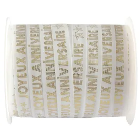 "Joyeux Anniversaire" Birthday Balloon Ribbon, White and Gold, 1 Count