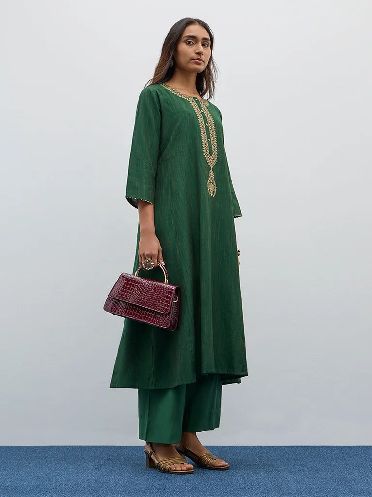 Utsa Dark Green Zari Embroidered A-Line Kurta