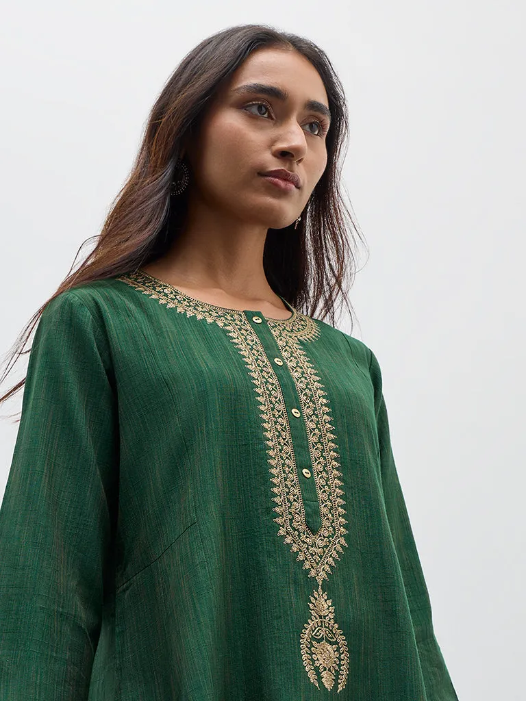 Utsa Dark Green Zari Embroidered A-Line Kurta