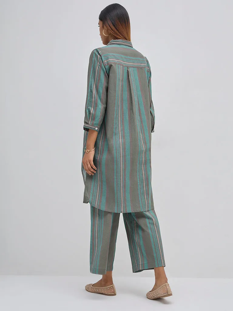 Utsa Teal Striped Cotton Straight Kurta