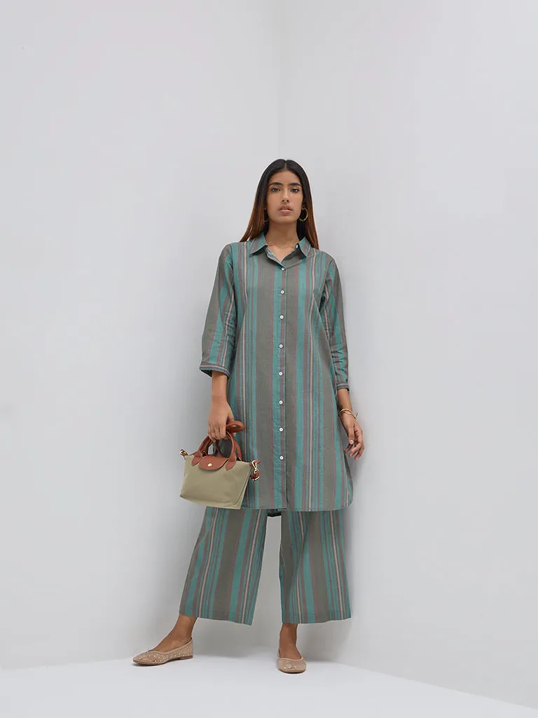 Utsa Teal Striped Cotton Straight Kurta