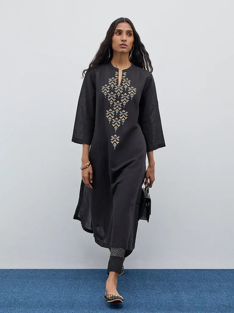 Zuba Black Zari Embroidered A-Line Kurta